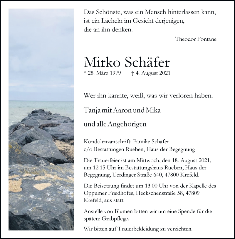  Traueranzeige für Mirko Schäfer vom 13.08.2021 aus trauer.duesseldorfer-anzeiger.de
