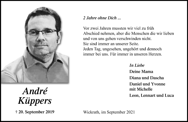  Traueranzeige für Andre Küppers vom 19.09.2021 aus trauer.extra-tipp-moenchengladbach.de