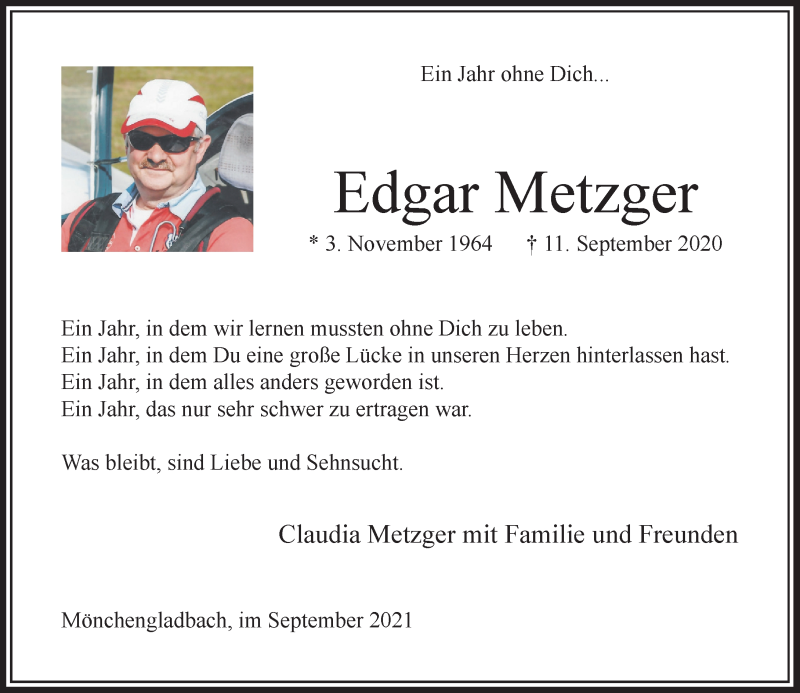  Traueranzeige für Edgar Metzger vom 12.09.2021 aus trauer.extra-tipp-moenchengladbach.de