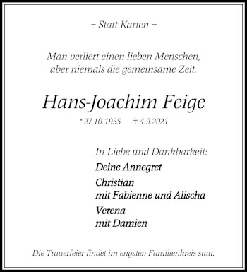 Traueranzeige von Hans Joachim Feige von trauer.mein.krefeld.de
