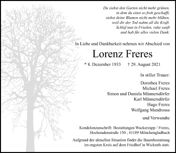 Traueranzeige von Lorenz Freres von trauer.extra-tipp-moenchengladbach.de