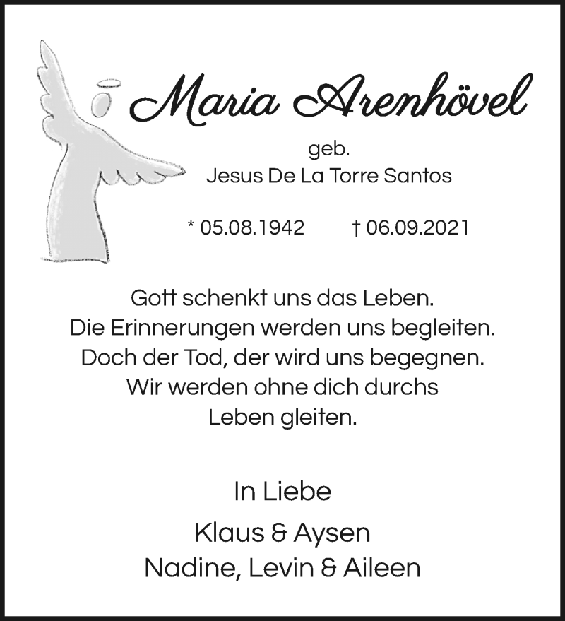  Traueranzeige für Maria Arenhövel vom 12.09.2021 aus trauer.extra-tipp-moenchengladbach.de