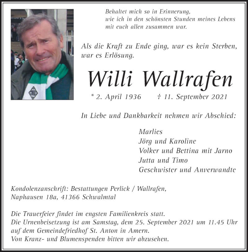  Traueranzeige für Willi Wallrafen vom 19.09.2021 aus trauer.extra-tipp-moenchengladbach.de
