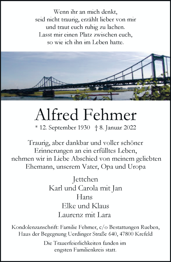  Traueranzeige für Alfred Fehmer vom 23.01.2022 aus trauer.mein.krefeld.de