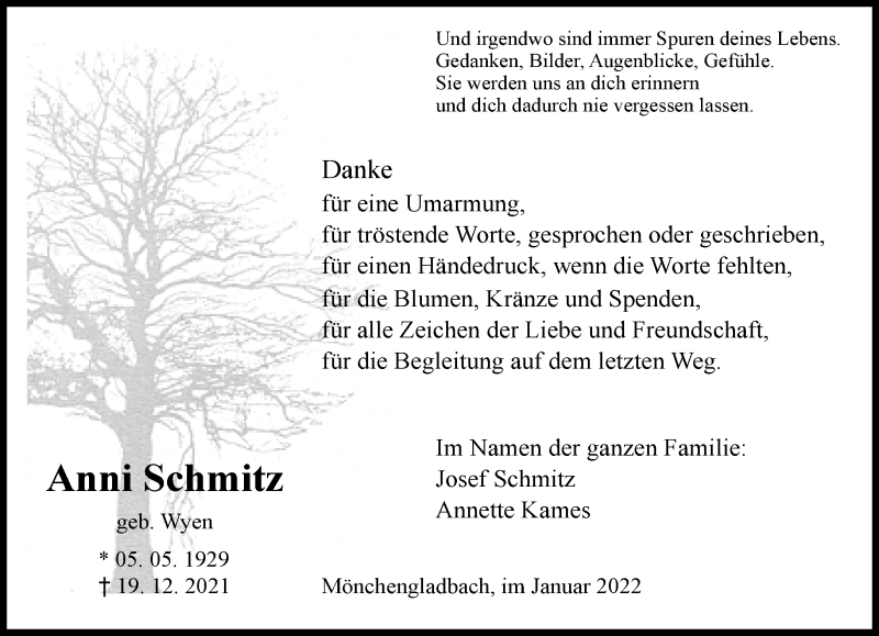  Traueranzeige für Anni Schmitz vom 09.01.2022 aus trauer.extra-tipp-moenchengladbach.de