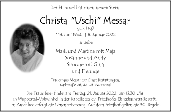Traueranzeige von Christa Messar von trauer.wuppertaler-rundschau.de