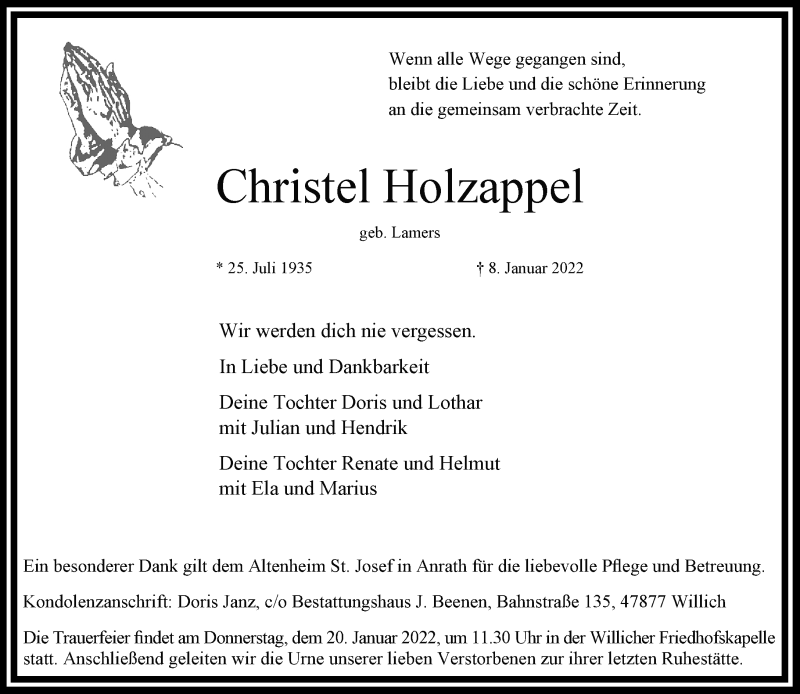  Traueranzeige für Christel Holzappel vom 16.01.2022 aus trauer.extra-tipp-moenchengladbach.de