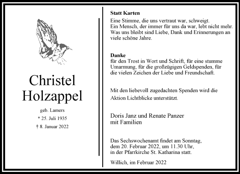  Traueranzeige für Christel Holzappel vom 06.02.2022 aus trauer.extra-tipp-moenchengladbach.de