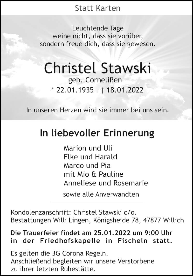  Traueranzeige für Christel Stawski vom 23.01.2022 aus trauer.extra-tipp-moenchengladbach.de