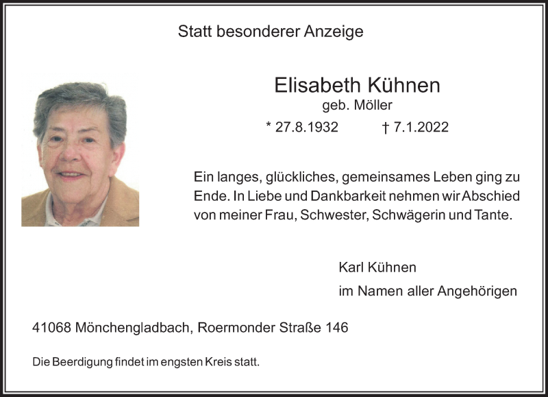  Traueranzeige für Elisabeth Kühnen vom 16.01.2022 aus trauer.extra-tipp-moenchengladbach.de