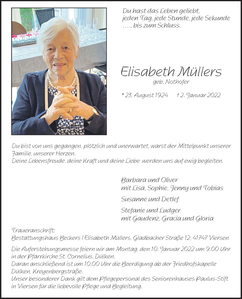  Traueranzeige für Elisabeth Müllers vom 09.01.2022 aus trauer.extra-tipp-moenchengladbach.de