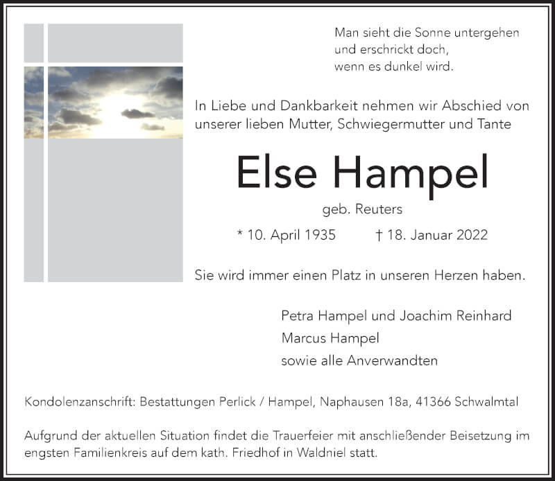  Traueranzeige für Else Hampel vom 23.01.2022 aus trauer.extra-tipp-moenchengladbach.de