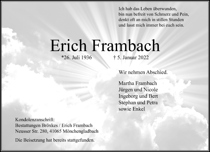  Traueranzeige für Erich Frambach vom 16.01.2022 aus trauer.extra-tipp-moenchengladbach.de