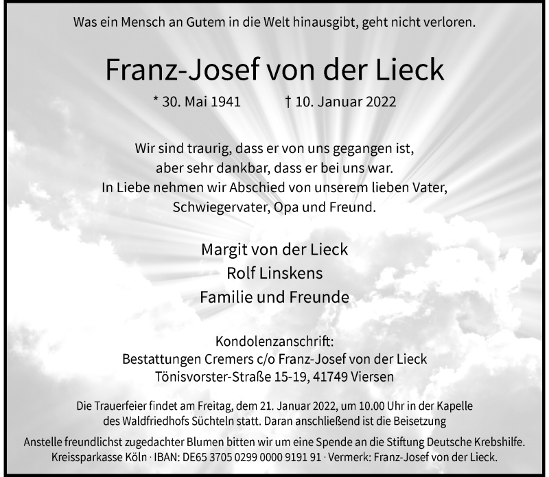  Traueranzeige für Franz-Josef von der Lieck vom 16.01.2022 aus trauer.extra-tipp-moenchengladbach.de