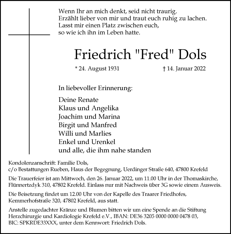  Traueranzeige für Friedrich Dols vom 23.01.2022 aus trauer.mein.krefeld.de