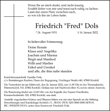 Traueranzeige von Friedrich Dols von trauer.mein.krefeld.de