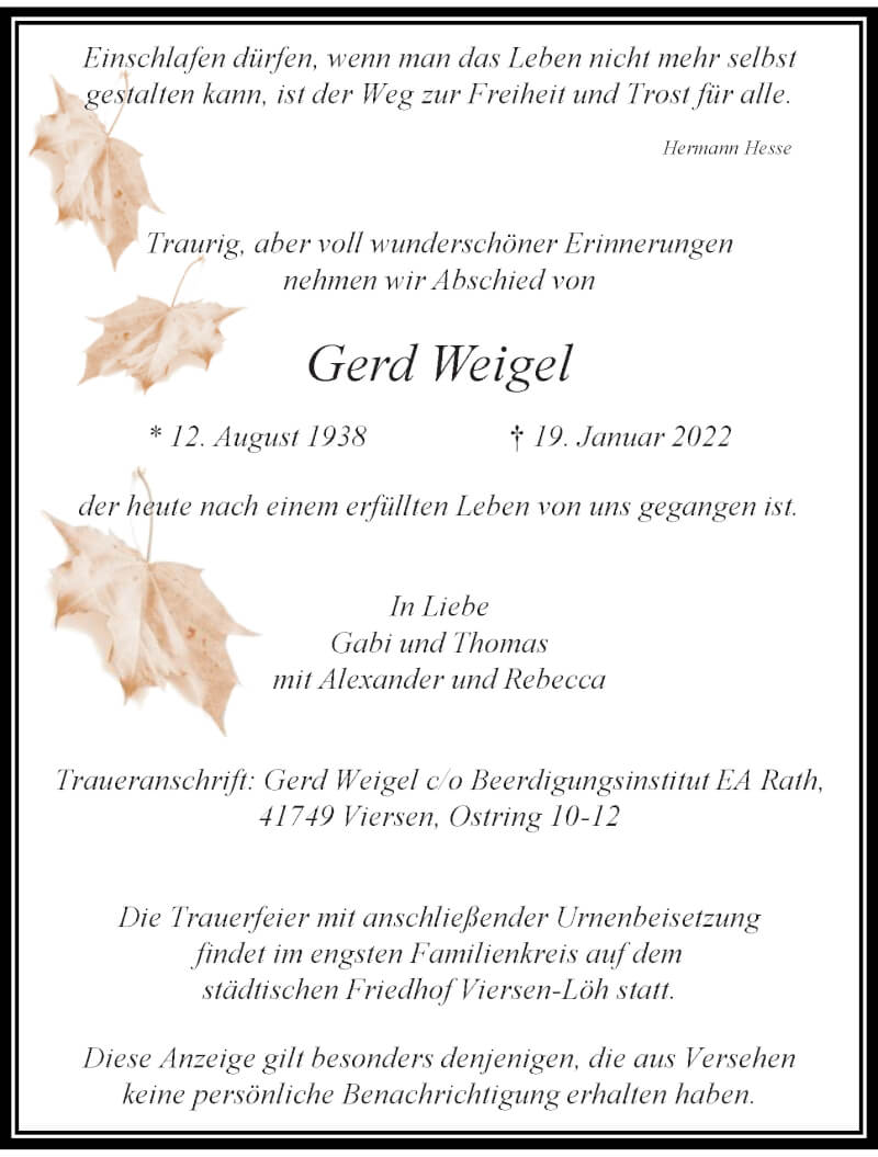  Traueranzeige für Gerd Weigel vom 23.01.2022 aus trauer.extra-tipp-moenchengladbach.de