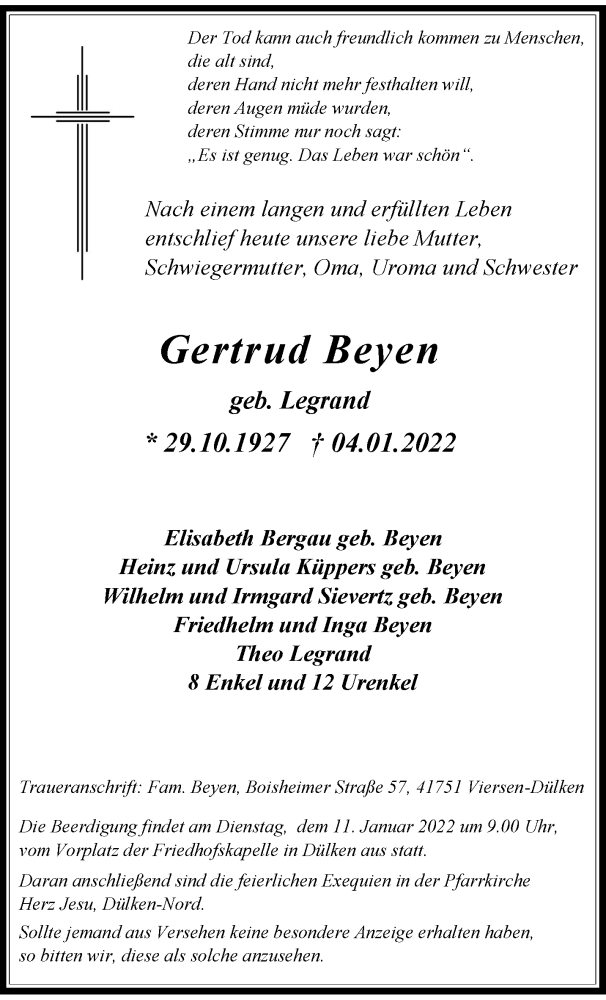  Traueranzeige für Gertrud Beyen vom 09.01.2022 aus trauer.extra-tipp-moenchengladbach.de