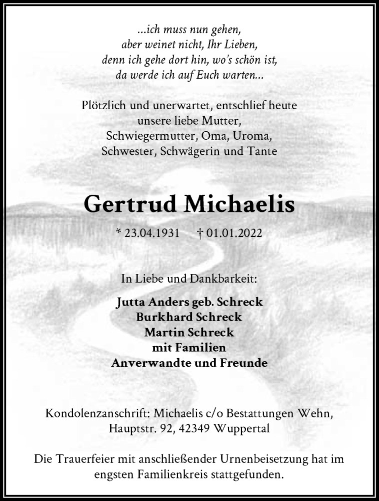  Traueranzeige für Gertrud Michaelis vom 15.01.2022 aus trauer.wuppertaler-rundschau.de