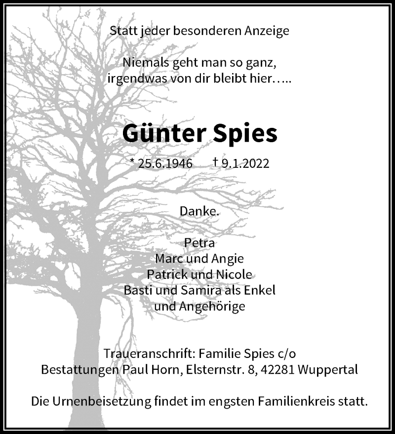  Traueranzeige für Günter Spies vom 15.01.2022 aus trauer.wuppertaler-rundschau.de