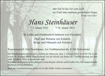 Traueranzeige von Hans Steinhäuser von trauer.extra-tipp-moenchengladbach.de