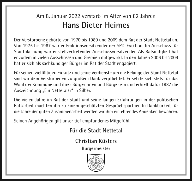  Traueranzeige für Hans Dieter Heimes vom 16.01.2022 aus trauer.extra-tipp-moenchengladbach.de