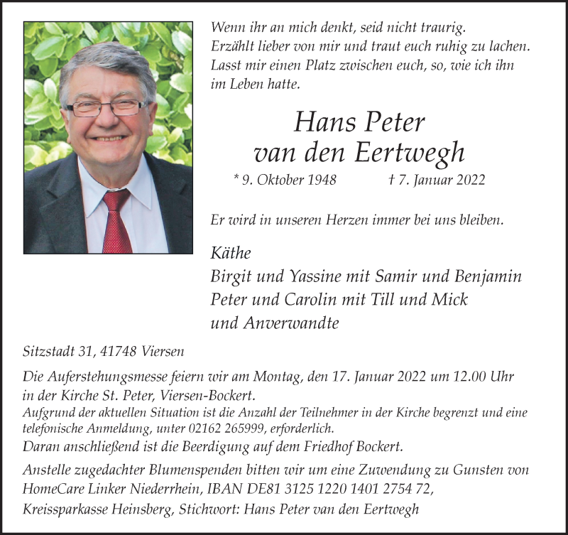  Traueranzeige für Hans Peter van den Eertwegh vom 16.01.2022 aus trauer.extra-tipp-moenchengladbach.de