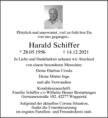Traueranzeige von Harald Schiffer von trauer.wuppertaler-rundschau.de