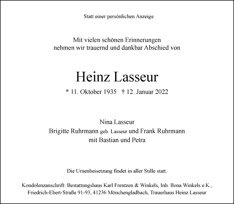  Traueranzeige für Heinz Lasseur vom 16.01.2022 aus trauer.extra-tipp-moenchengladbach.de