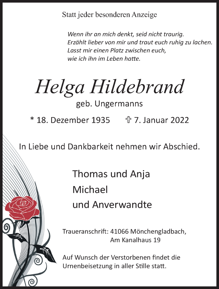  Traueranzeige für Helga Hildebrand vom 16.01.2022 aus trauer.extra-tipp-moenchengladbach.de