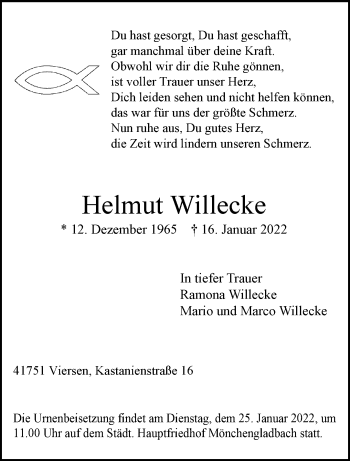 Traueranzeige von Helmut Willecke von trauer.extra-tipp-moenchengladbach.de