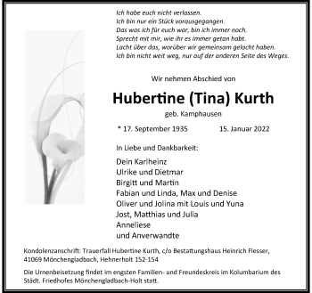 Traueranzeige von Hubertine Kurth von trauer.extra-tipp-moenchengladbach.de