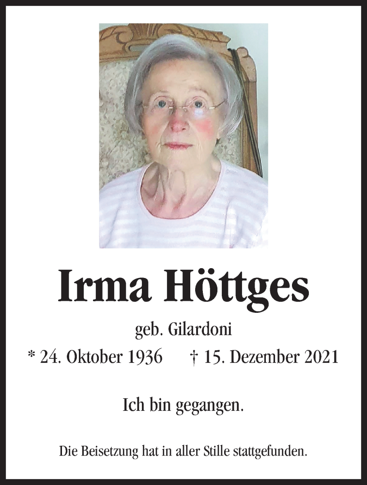  Traueranzeige für Irma Höttges vom 09.01.2022 aus trauer.extra-tipp-moenchengladbach.de