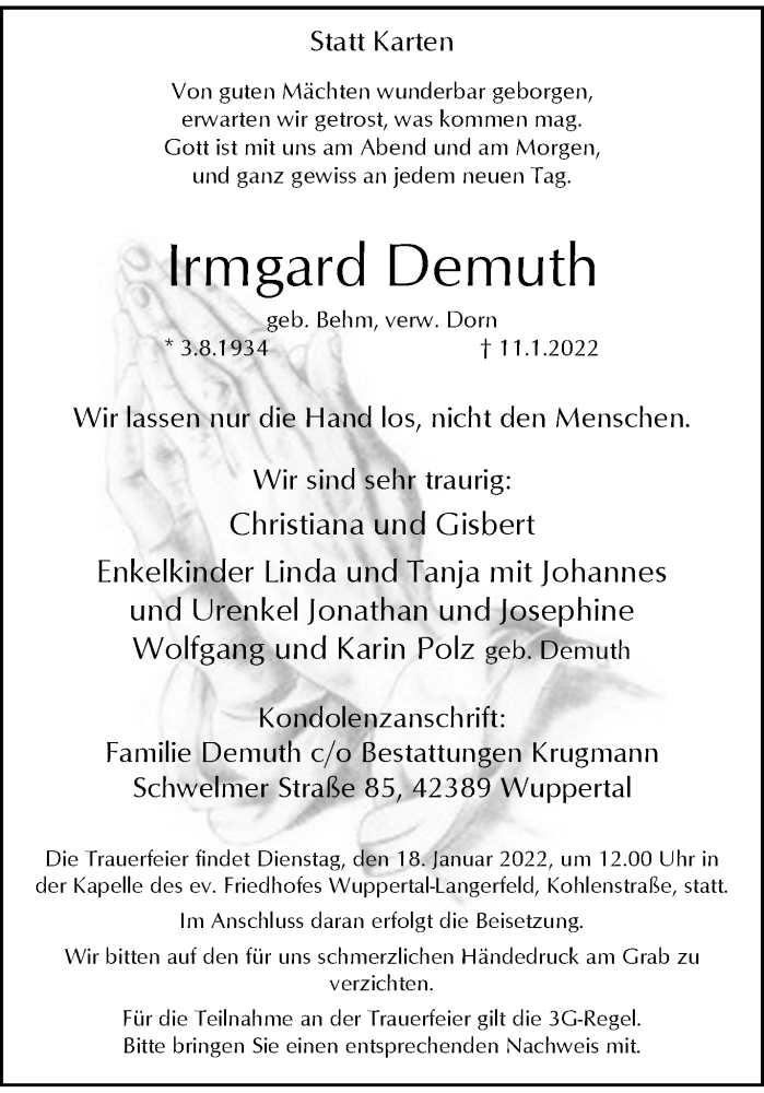  Traueranzeige für Irmgard Demuth vom 15.01.2022 aus trauer.wuppertaler-rundschau.de
