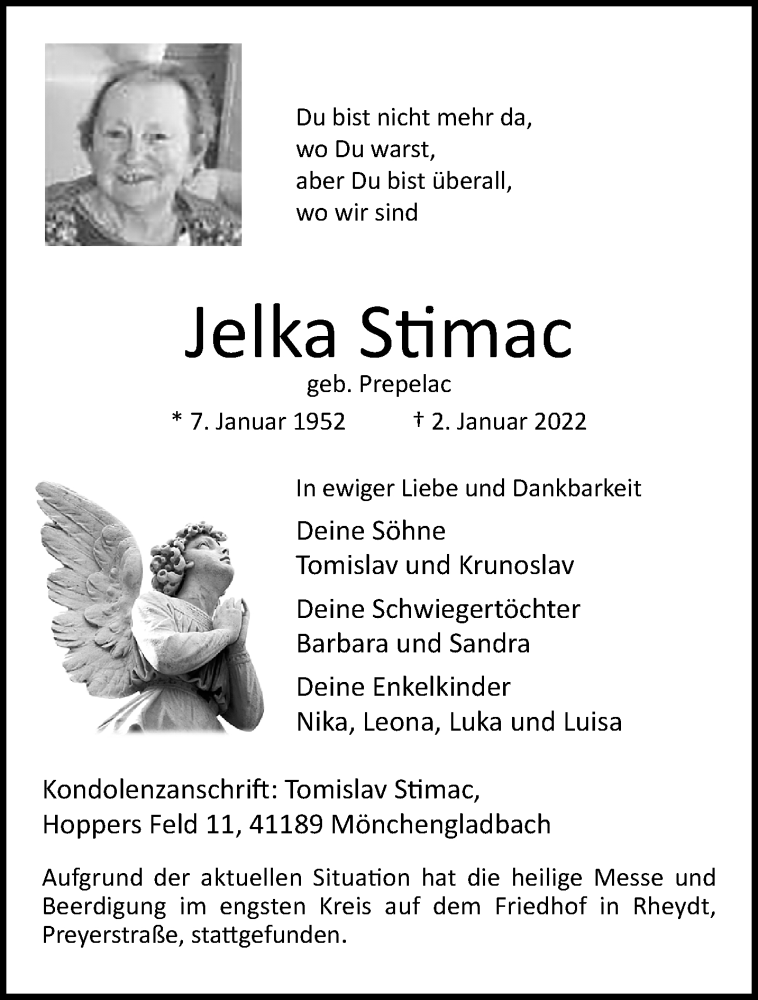  Traueranzeige für Jelka Stimac vom 16.01.2022 aus trauer.extra-tipp-moenchengladbach.de