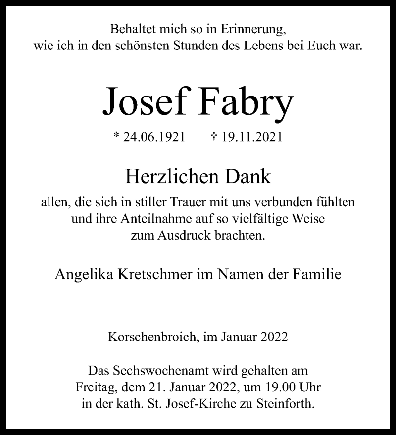  Traueranzeige für Josef Fabry vom 16.01.2022 aus trauer.extra-tipp-moenchengladbach.de