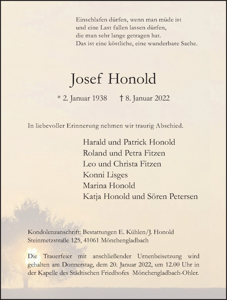  Traueranzeige für Josef Honold vom 16.01.2022 aus trauer.extra-tipp-moenchengladbach.de