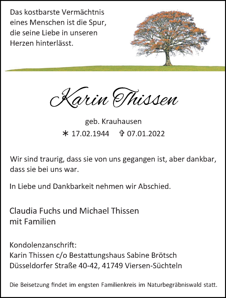  Traueranzeige für Karin Thissen vom 16.01.2022 aus trauer.extra-tipp-moenchengladbach.de