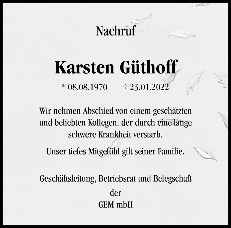  Traueranzeige für Karsten Güthoff vom 30.01.2022 aus trauer.extra-tipp-moenchengladbach.de