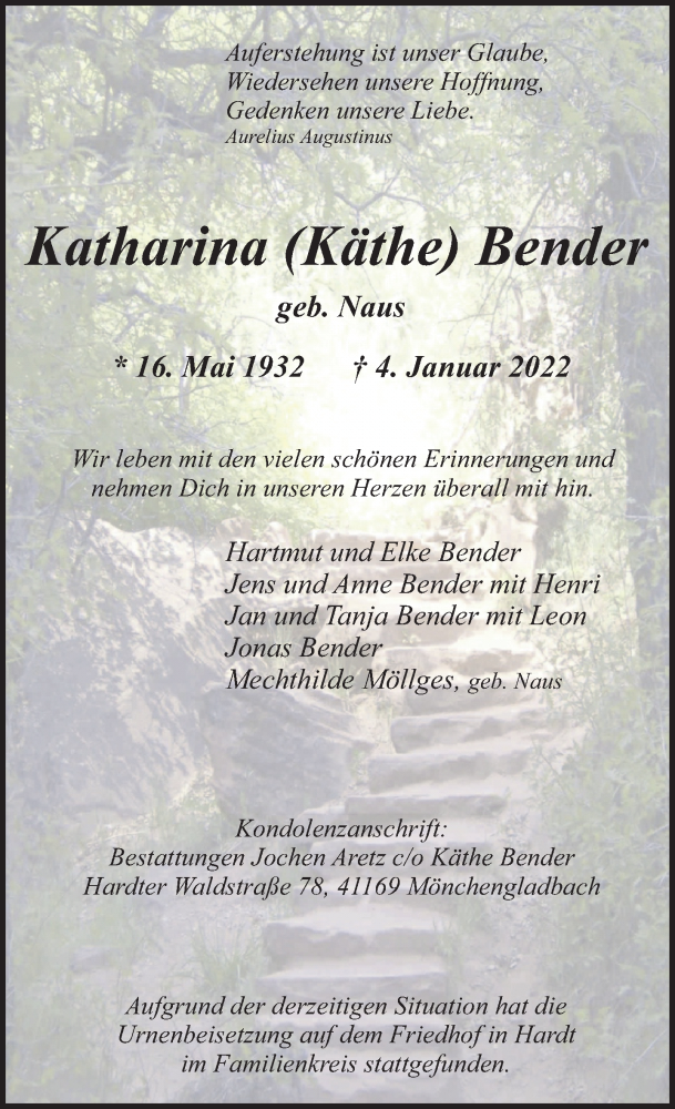  Traueranzeige für Katharina Bender vom 16.01.2022 aus trauer.extra-tipp-moenchengladbach.de