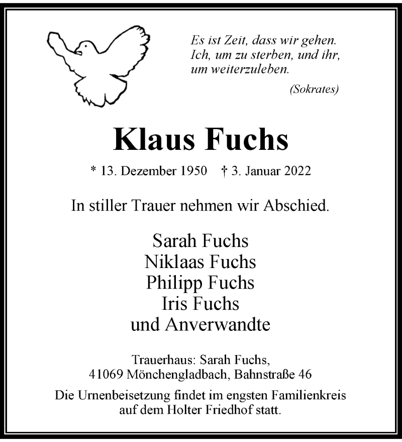  Traueranzeige für Klaus Fuchs vom 16.01.2022 aus trauer.extra-tipp-moenchengladbach.de