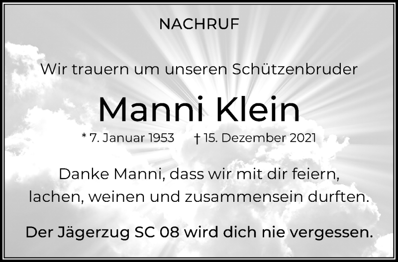  Traueranzeige für Manni Klein vom 09.01.2022 aus trauer.extra-tipp-moenchengladbach.de