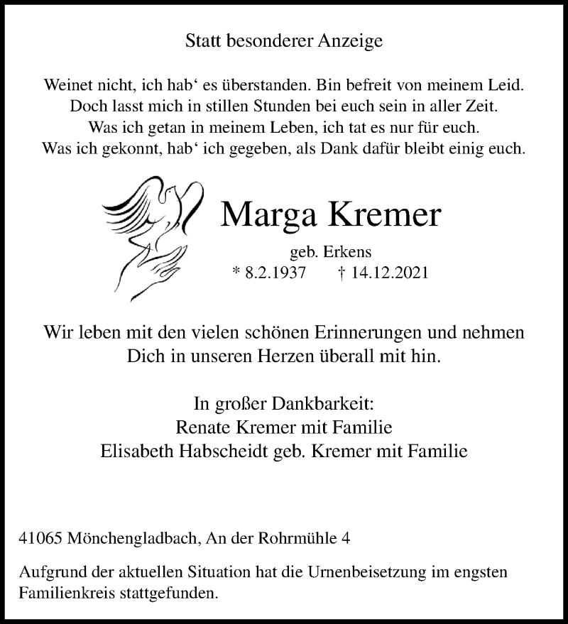 Traueranzeige für Marga Kremer vom 09.01.2022 aus trauer.extra-tipp-moenchengladbach.de