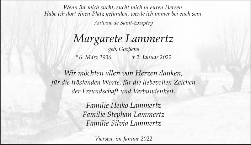  Traueranzeige für Margarete Lammertz vom 30.01.2022 aus trauer.extra-tipp-moenchengladbach.de