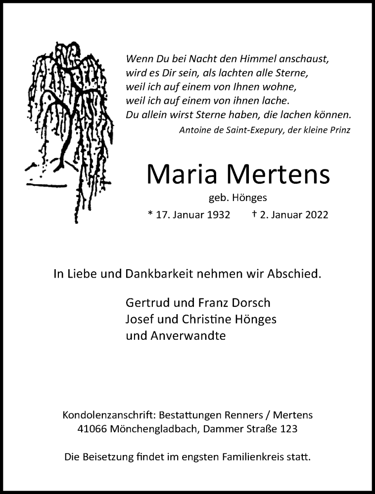  Traueranzeige für Maria Mertens vom 09.01.2022 aus trauer.extra-tipp-moenchengladbach.de