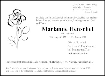 Traueranzeige von Marianne Henschel von trauer.extra-tipp-moenchengladbach.de