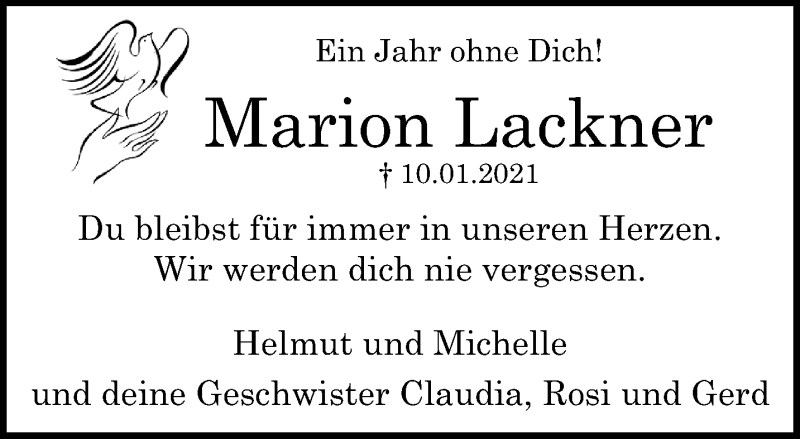  Traueranzeige für Marion Lackner vom 09.01.2022 aus trauer.extra-tipp-moenchengladbach.de