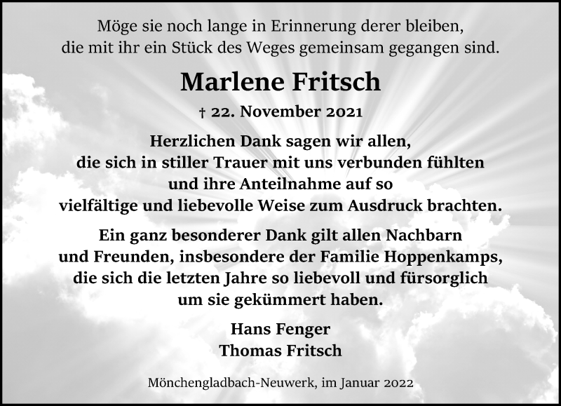  Traueranzeige für Marlene Fritsch vom 23.01.2022 aus trauer.extra-tipp-moenchengladbach.de