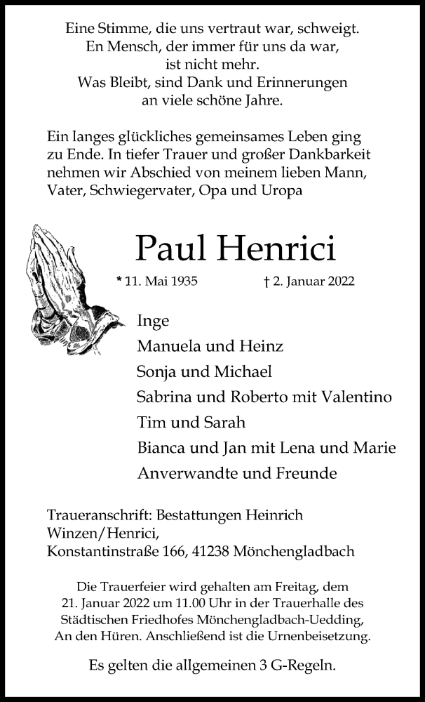  Traueranzeige für Paul Henrici vom 16.01.2022 aus trauer.extra-tipp-moenchengladbach.de