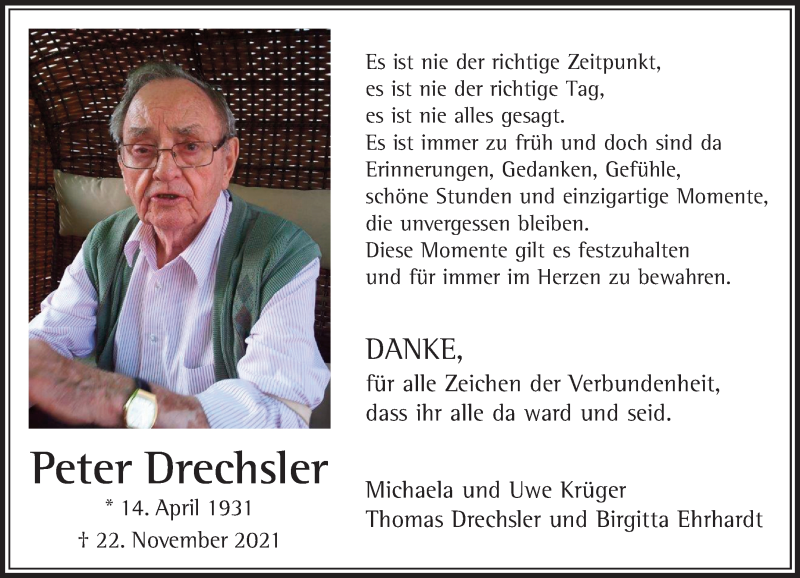  Traueranzeige für Peter Drechsler vom 16.01.2022 aus trauer.extra-tipp-moenchengladbach.de